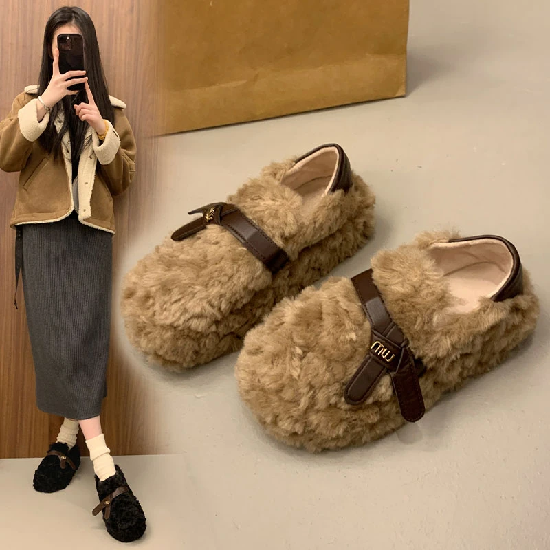 两穿厚底毛毛鞋女冬季外穿2025新款一脚蹬加绒豆豆鞋保暖乐福棉鞋