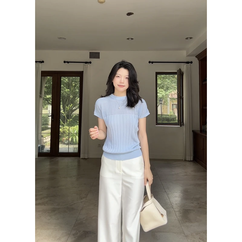 郭九九呢 100%天丝系带显瘦针织短袖简约百搭直筒裤 G925Z02711