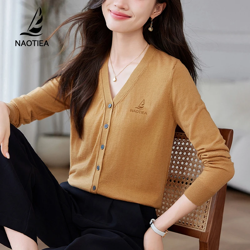 纳奥蒂尔小帆船V领长袖打底针织衫上衣女2025春秋新款气质开衫