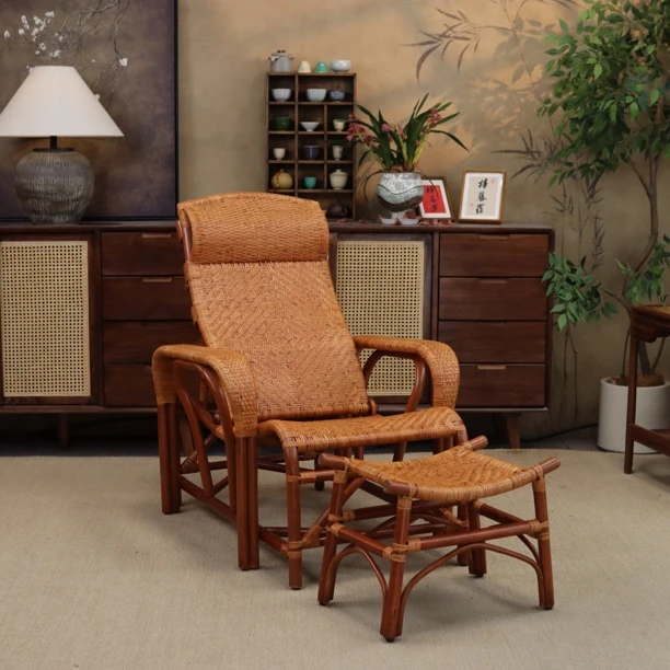 梓藤罗真藤躺椅折叠午休三折椅可调靠背藤编躺椅阳台老人椅午睡椅