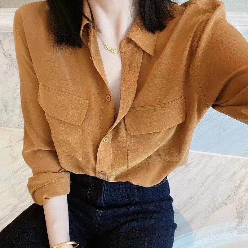 新款经典时尚双口袋砂洗双绉桑蚕丝长袖衬衫MA5SYDZ0156