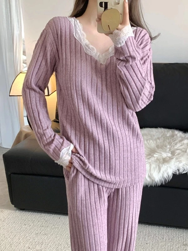 秋冬薄款绒保暖睡衣女带胸垫甜美V领花边长袖长裤两件套装家居服