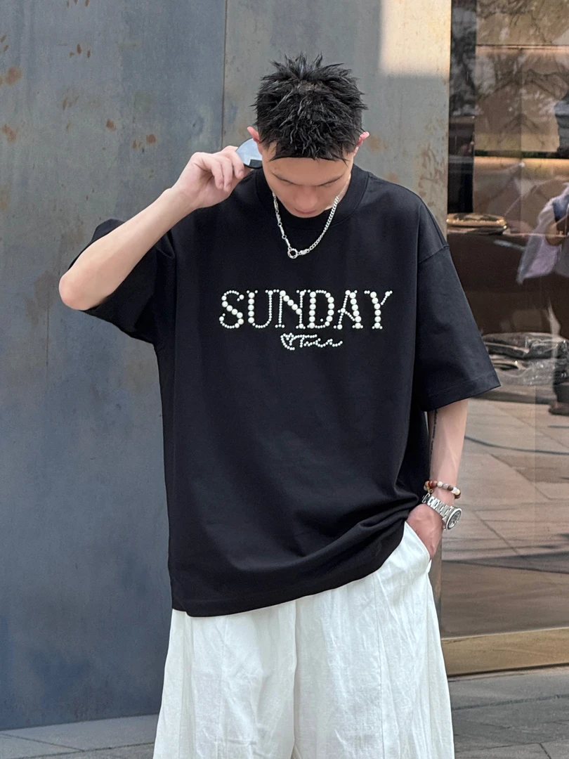 [7m 25SS] 潮牌夏季重磅320g短袖珍珠字母刺绣宽松纯棉情侣T恤