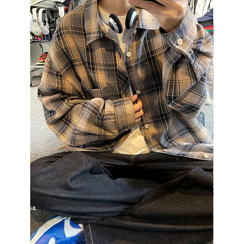 美式复古格子衬衫男款春秋季高级感撞色宽松休闲长袖翻领衬衣大码