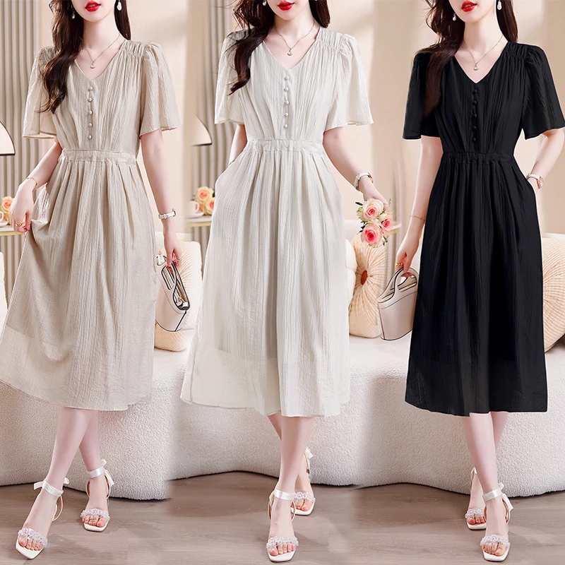 裙子女款2025新款高级感夏季透气V领连衣裙9779