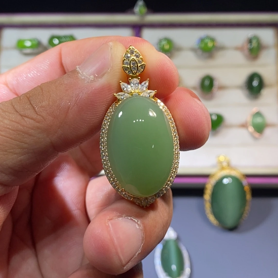 和田玉（碧玉）银S925镶嵌吊坠(不含链)