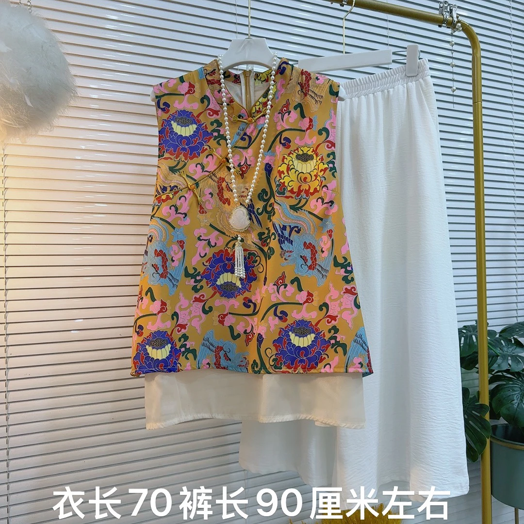 胖MM夏季2025新款复古花型配色新中式流行款砍袖搭配宽松阔腿裤