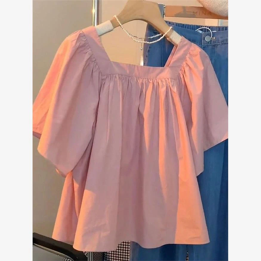 法式方领短袖雪纺衫女夏宽松显瘦甜美时尚独特别致上衣设计感小众