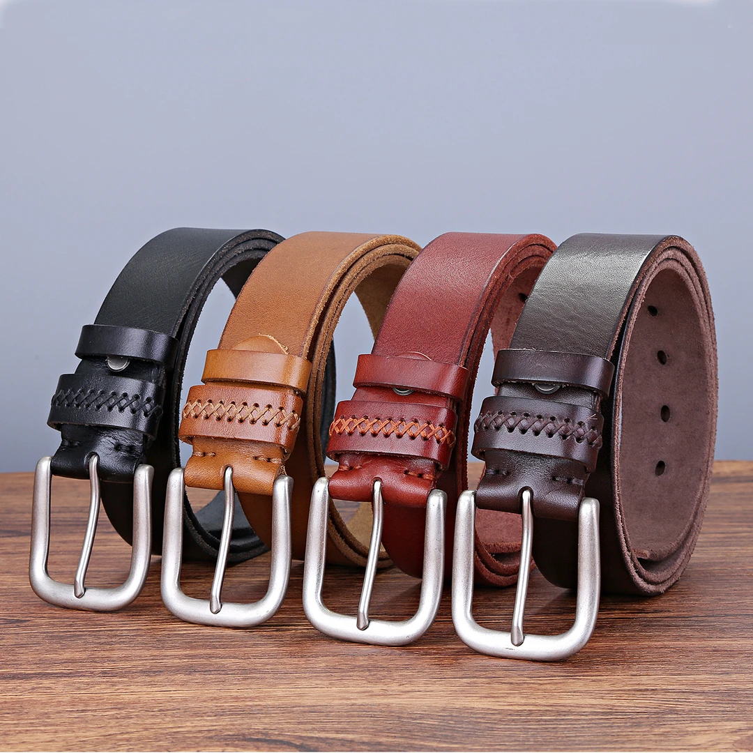 复古皮带针扣牛仔皮带休闲编织商务棕色牛皮腰带简约青年男腰带潮