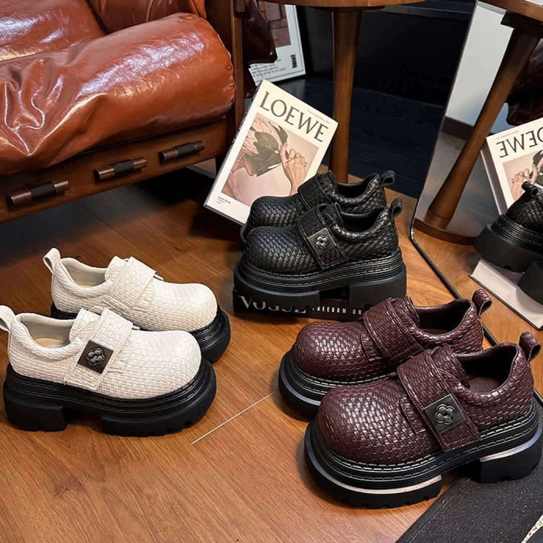 秋季新款舒适时尚编织增高平跟春秋乐福鞋增高浅口方头编织