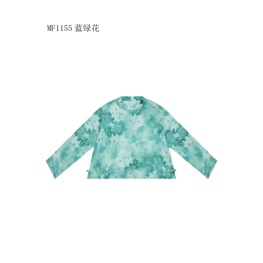 【麻訪家】MF1155蓝绿花春夏文艺印花休闲百搭长袖上衣