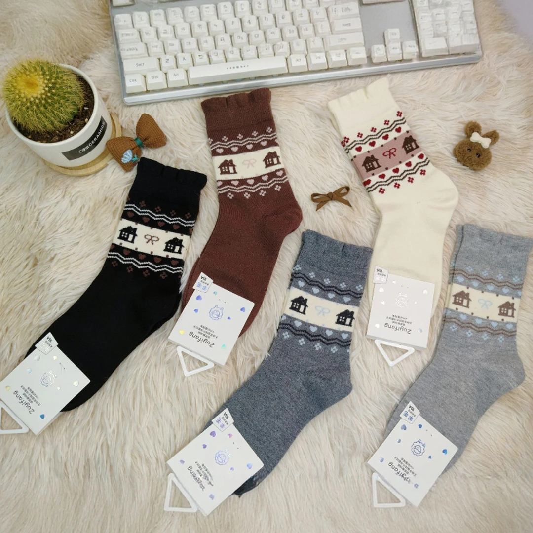 【费尔岛复古风】袜子冬季女秋冬中筒加厚保暖提花民族风百搭要毛袜