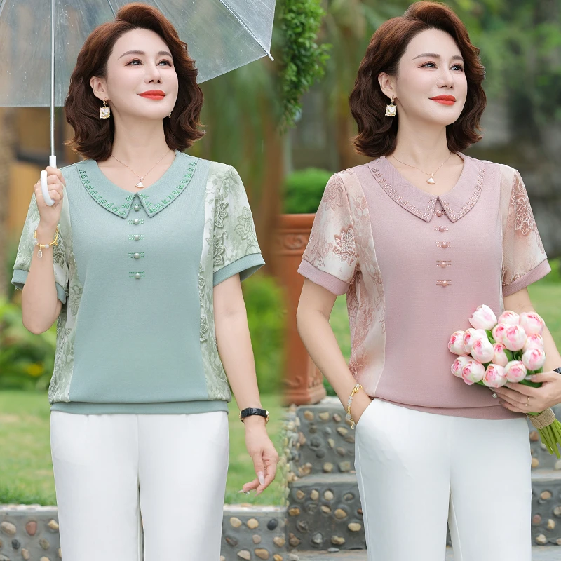 2025夏季新款娃娃领T恤拼接宽松短袖小衫中老年女装洋气时尚上衣