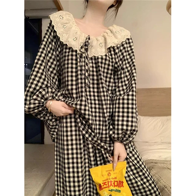 春秋新款韩版甜美蕾丝长袖睡衣女日系网红学生格子宽松家居服套装