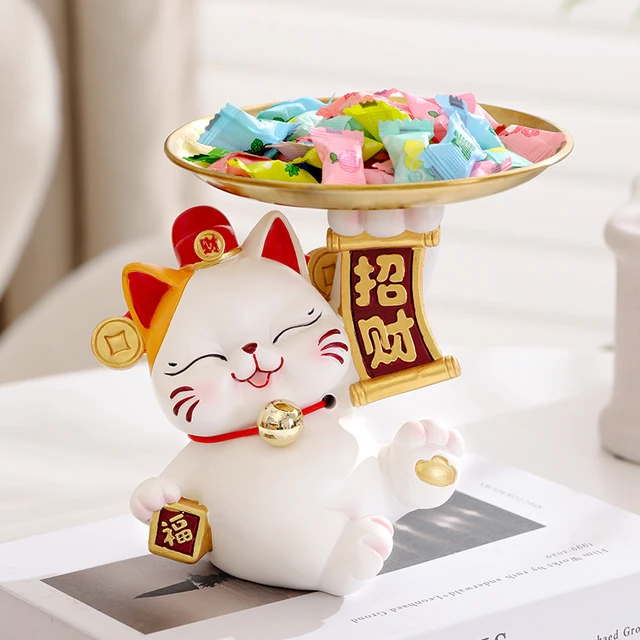 招财猫装糖果盘子前台酒店铺接待精致零食水果盘轻奢高档托盘摆件