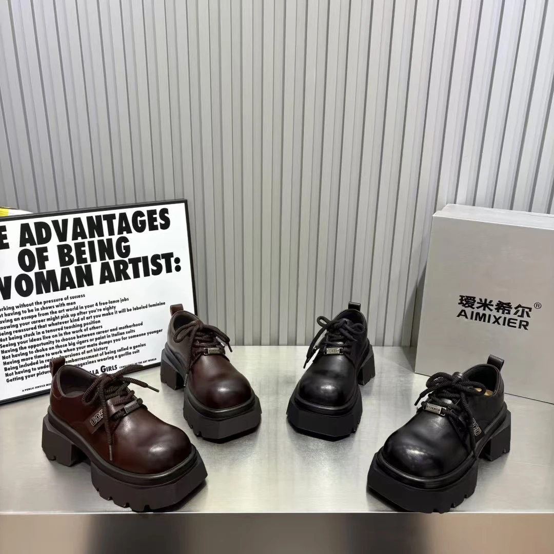 真皮方头系带粗跟高跟鞋乐福鞋单鞋厚底增高复古英伦风jk小皮鞋女