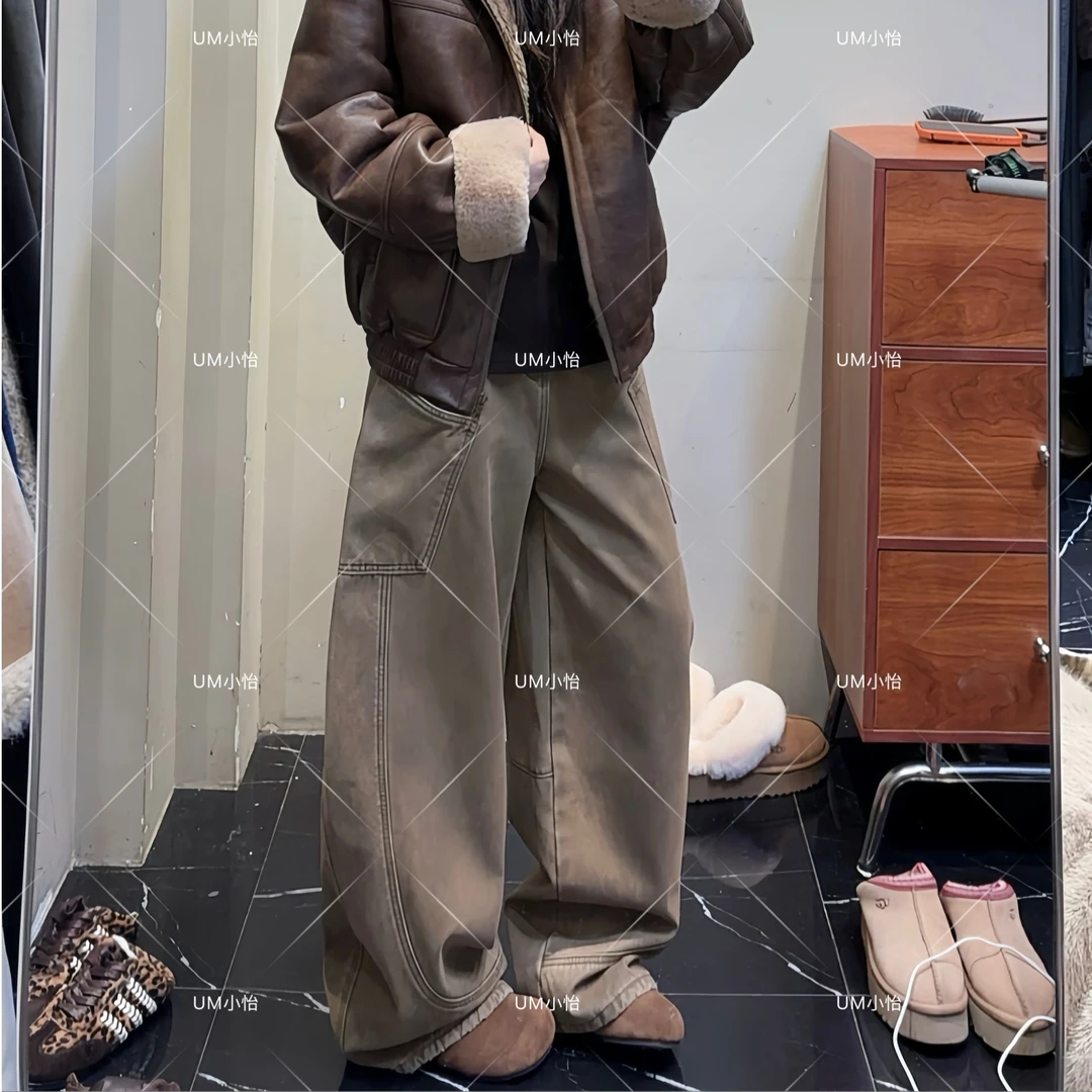 鑫怡定制【冬阳煦暖】冬季新款美式复古宽松加绒加厚弯刀阔腿工装裤