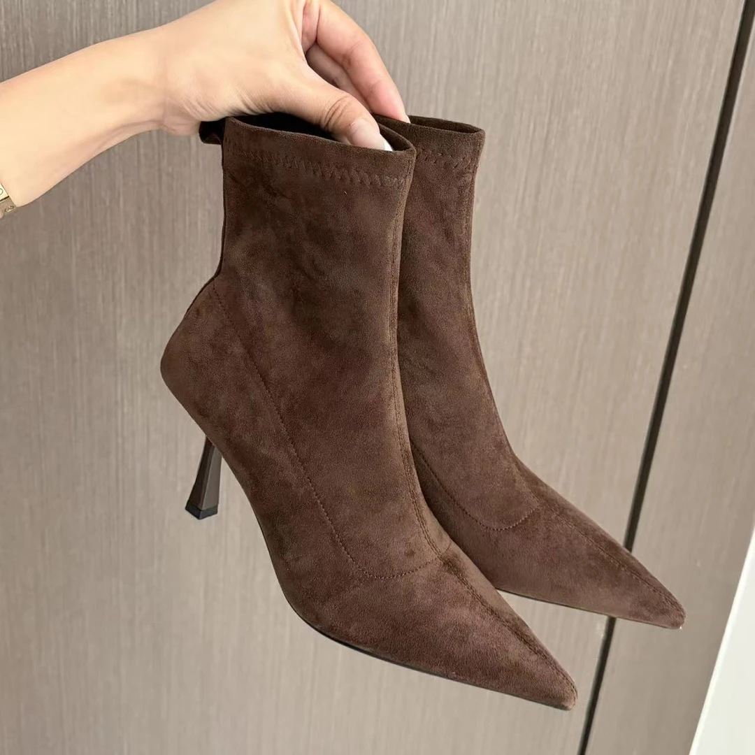 慢西西新品2025年秋冬新款女靴细跟短筒瘦瘦靴马丁靴高跟弹力短靴