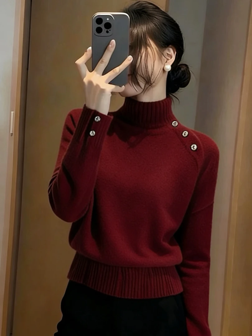 复古优雅风红色高领长袖毛衣针织衫女秋冬新款简约超好看软糯上衣