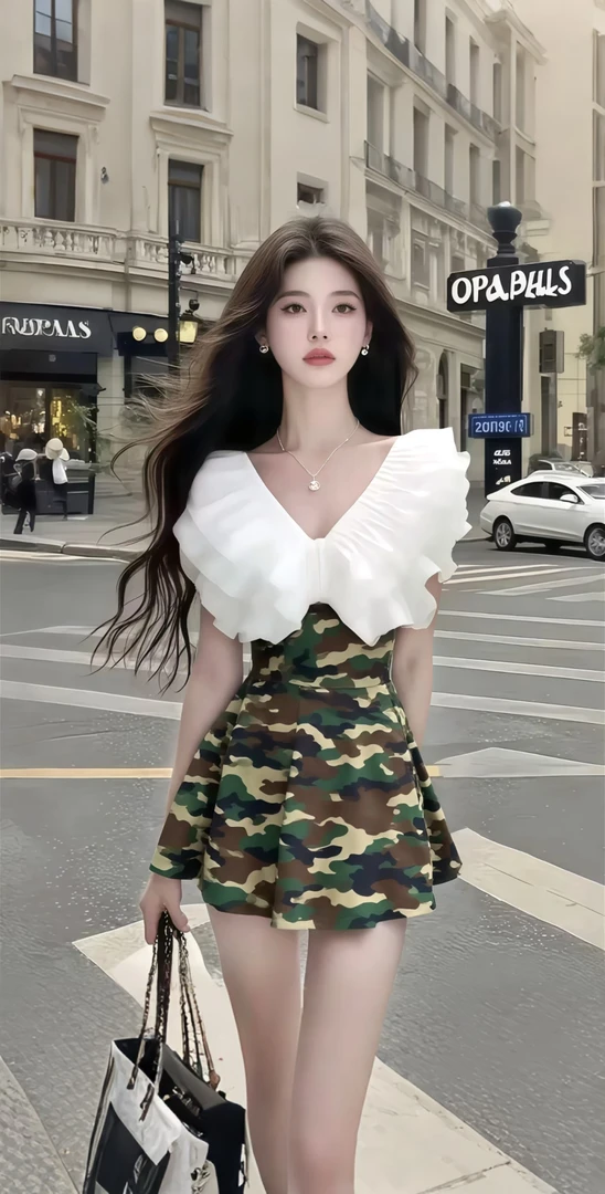 夏季新款温柔风别致设计感迷彩色V领连衣裙女时尚显瘦高级氛围感