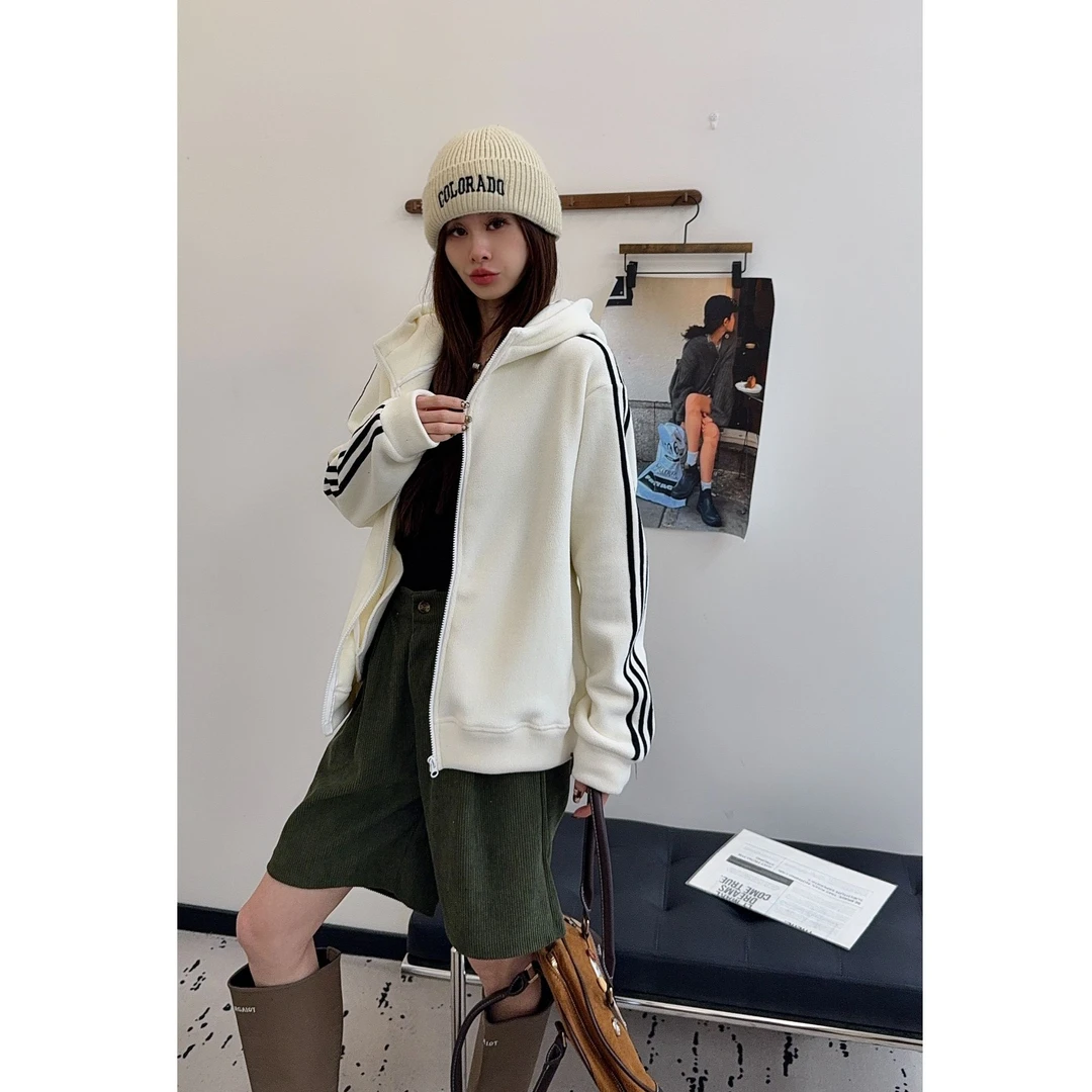 高街撞色条纹连帽开衫卫衣外套女秋冬加绒加厚宽松情侣上衣