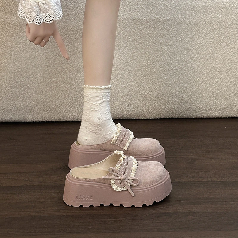 OJRZ仙女蝴蝶结镂空厚底包头拖女2026一脚蹬半拖鞋少女增高复古风