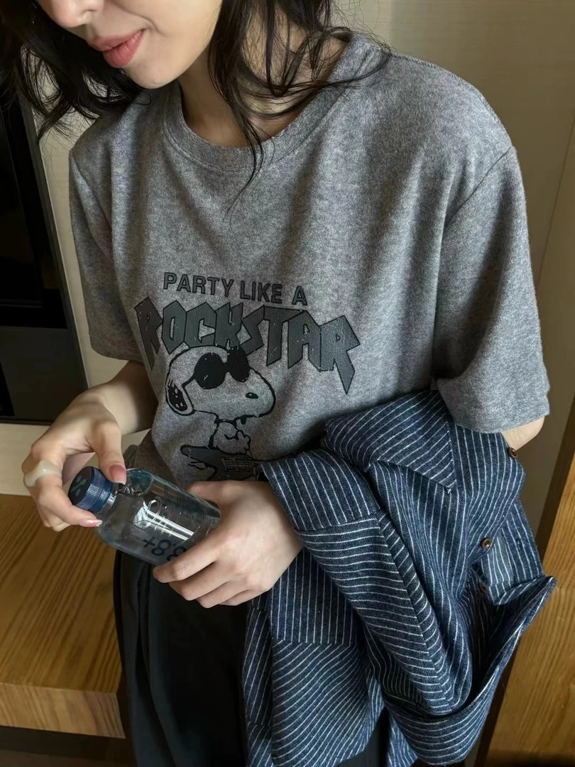 韩标！原69！3166史努比图案印花加厚磨毛减龄短袖T恤