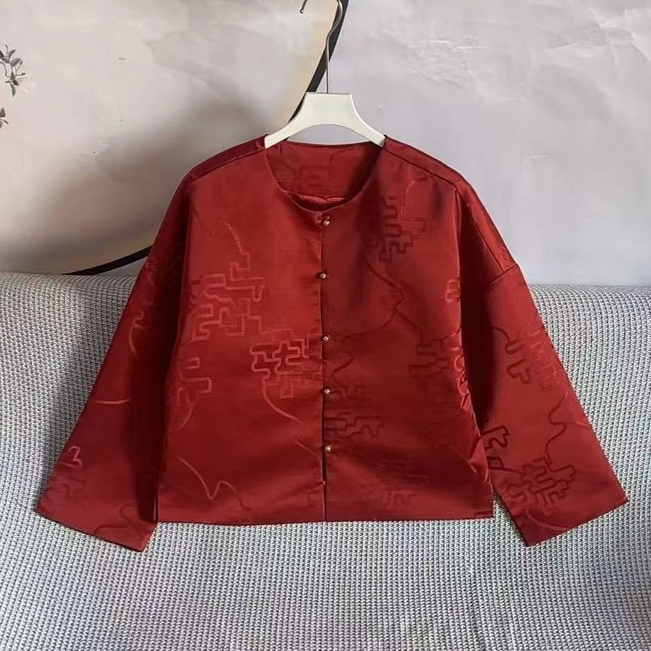 新中式复古短红外套提花短款红色外套上衣圆领时尚百搭