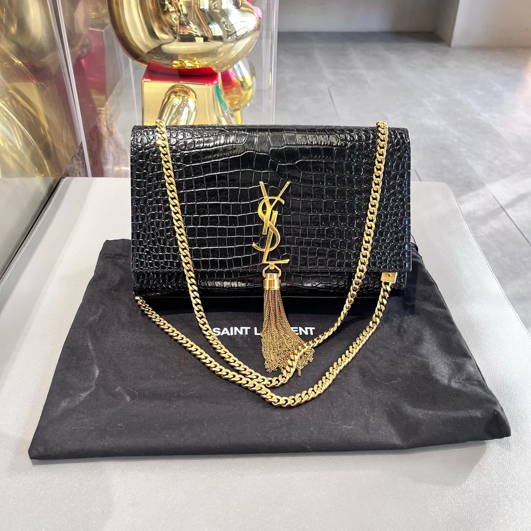 95新 YSL/圣罗兰 黑金鳄压纹kate流苏包中号 金色链条+流苏装饰