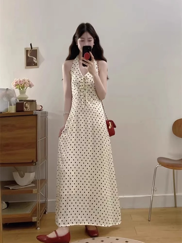 法式杏色波点挂脖吊带连衣裙女春夏季防晒开衫穿搭套装搭配长裙子