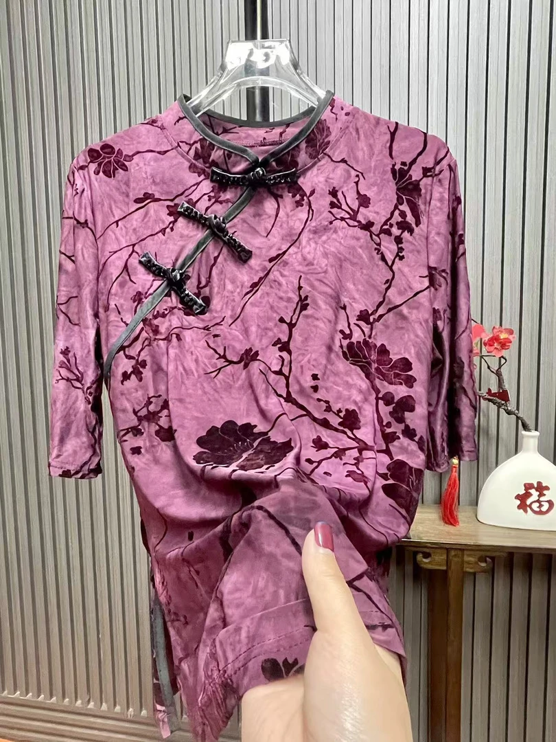 原创新款时尚复古盘扣手工钉珠水墨画南韩丝烧花修身版五分袖