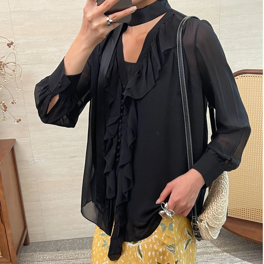 【AC专属】撞色飘带荷叶边装饰黑色衬衫衬衣上衣-9353