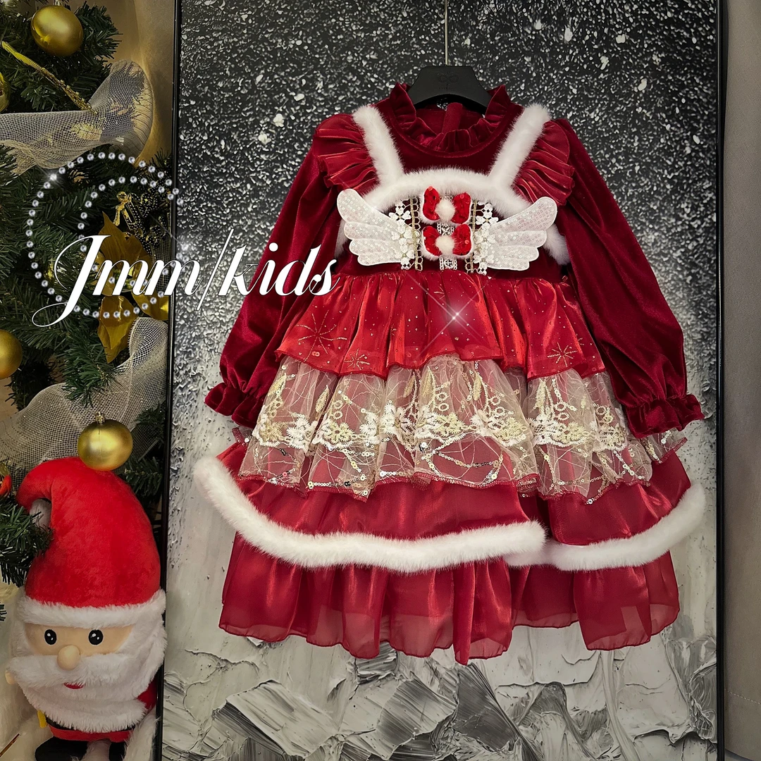 F008 女童冬季圣诞洛丽塔公主裙加绒长袖洋气连衣裙