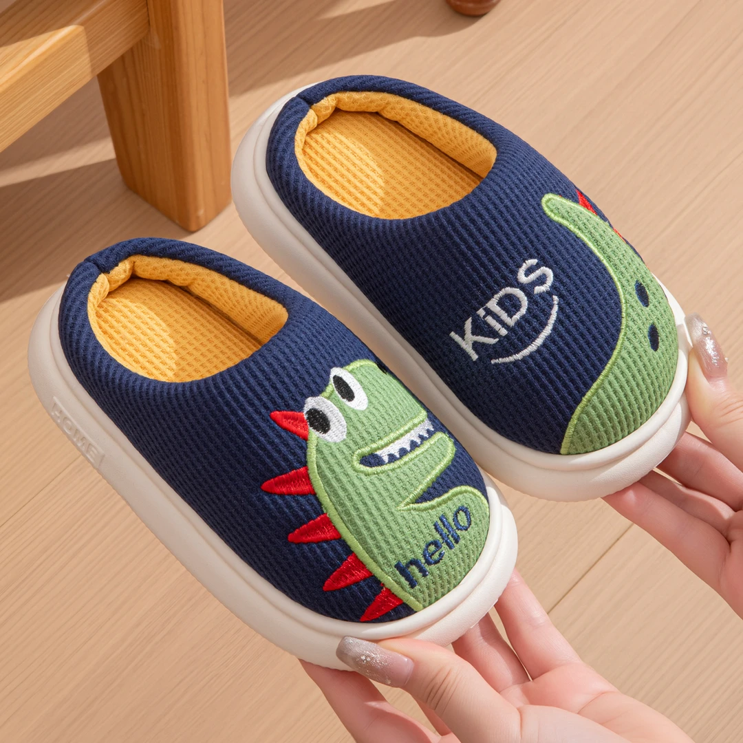 儿童棉拖鞋小男孩秋冬季卡通恐龙宝宝居家室内中大童厚底棉布拖鞋