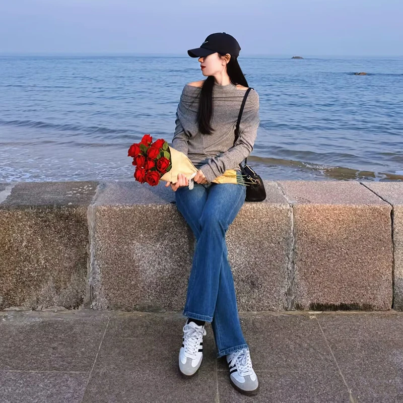 四面弹丹宁微喇牛仔裤裤子新款复古风高腰网红时尚炸街新款女装