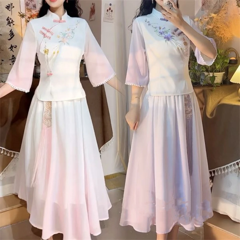 网红爆款渐变色汉服女中国风女装复古改良旗袍套装裙两件套日常