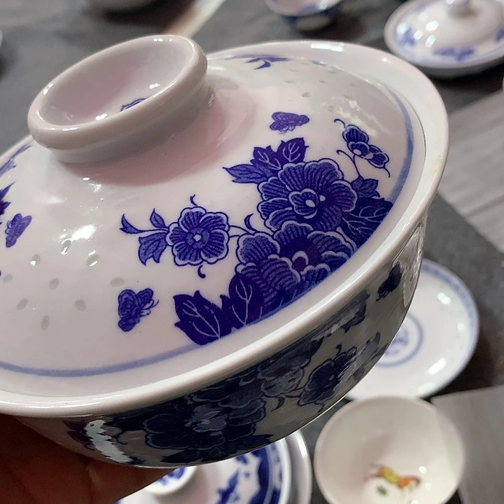 摆件景德镇陶瓷青花大盖碗牡丹7寸