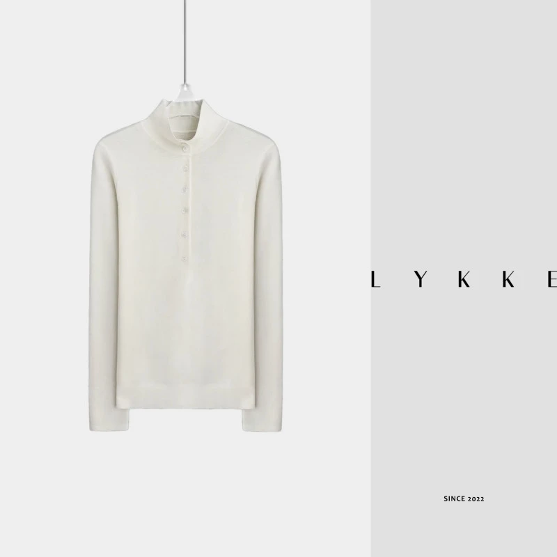 LYKKE 超细美丽诺绵羊毛立领半门襟半高领针织衫长袖上衣---E735