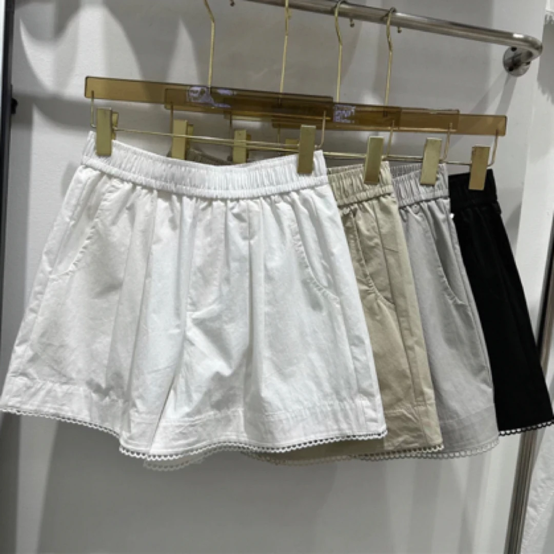 2025夏季新款时尚松紧腰短裤蕾丝花边休闲女百搭显瘦宽松阔腿裤潮