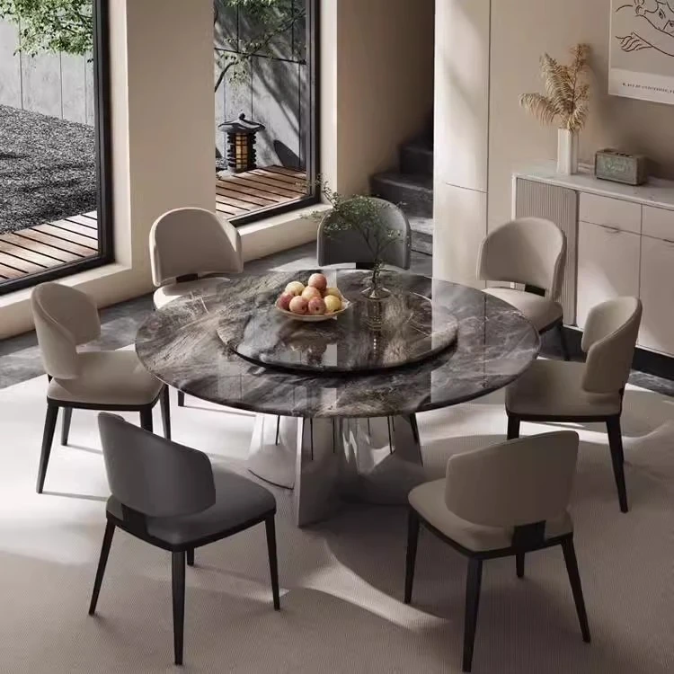 【幸运四叶草】天然大理石餐桌圆桌意式轻奢高端不锈钢餐桌椅组合