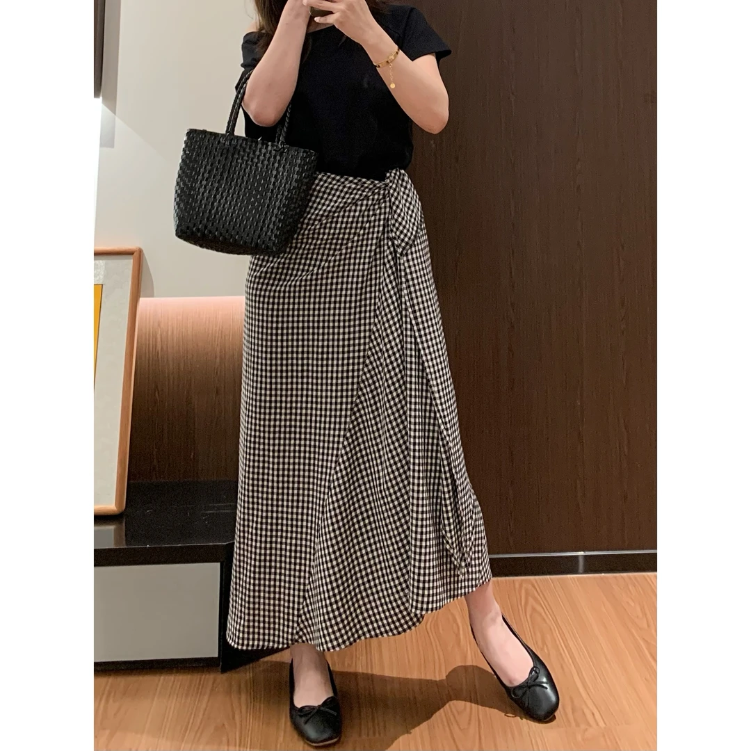 YO定制韩系复古高腰不规则绑带格子半身裙小个子气质时髦长裙子