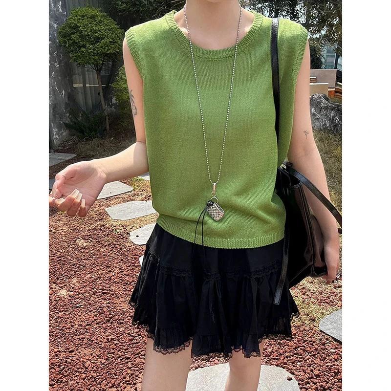 【针织圆领背心】度假风草绿色休闲百搭正肩针织背心女