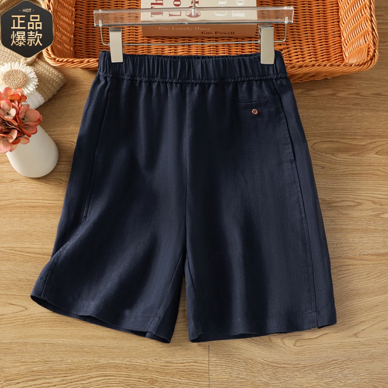 藏青色亚麻短裤女夏季2025新款夏日轻薄五分裤外穿小个子棉麻热裤