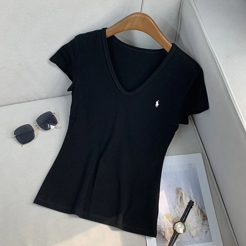 【南油子宸】夏季纯色小V领夏季简约舒适显瘦灰色T恤短袖女 800383
