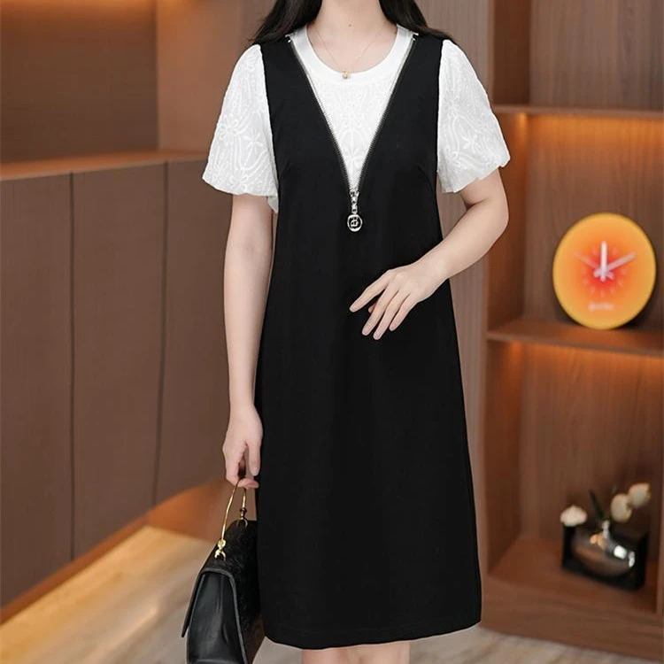 大码女装蕾丝短袖拼接假两件连衣裙女夏季气质宽松显瘦中长款休闲