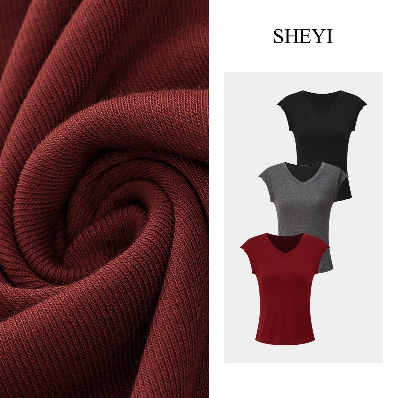 【集邮T】莱赛尔桑蚕丝混纺V领短袖2025春夏新款修身洋气休闲女上衣