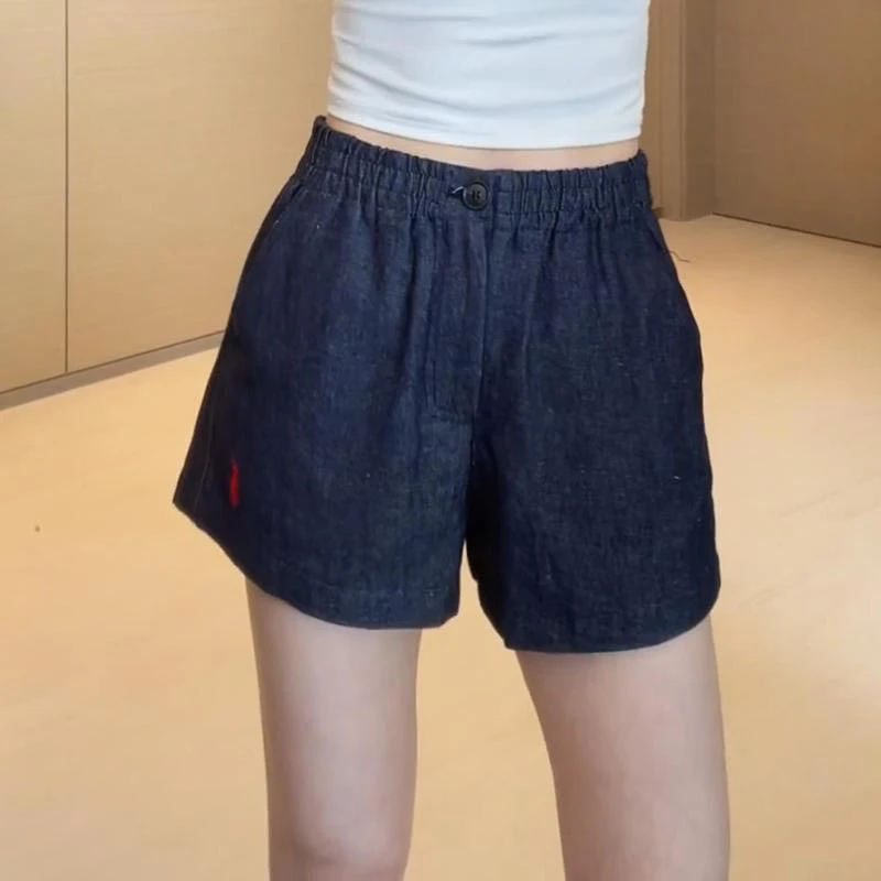 韩版松紧高腰设计感刺绣短裤女夏季新款时尚休闲百搭A字直筒裤子