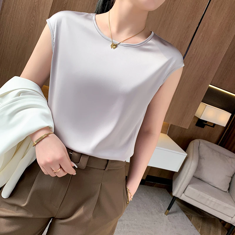 【现货宠粉】新款吊带圆领包肩袖醋酸缎面T恤女背心百搭夏季底上衣