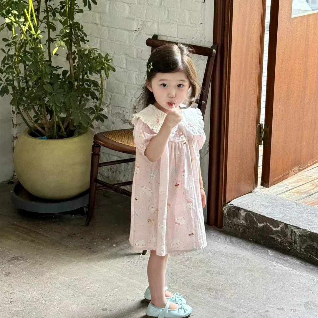 纯色A字裙夏季短袖绣花女宝女宝宝卡通连衣裙