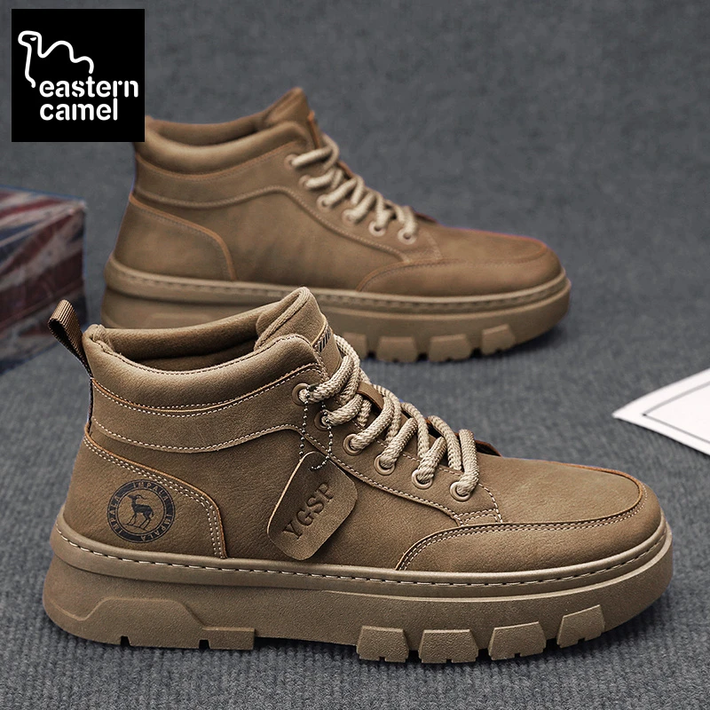 东方骆驼高帮男鞋秋季英伦风百搭工装板鞋复古中帮厚底防滑马丁靴